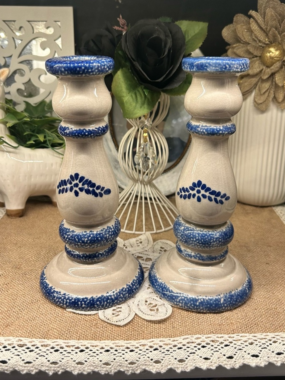Vtg Hermitage Pottery Spongeware Candlestick Holders Pair Cobalt Blue Floral 8"